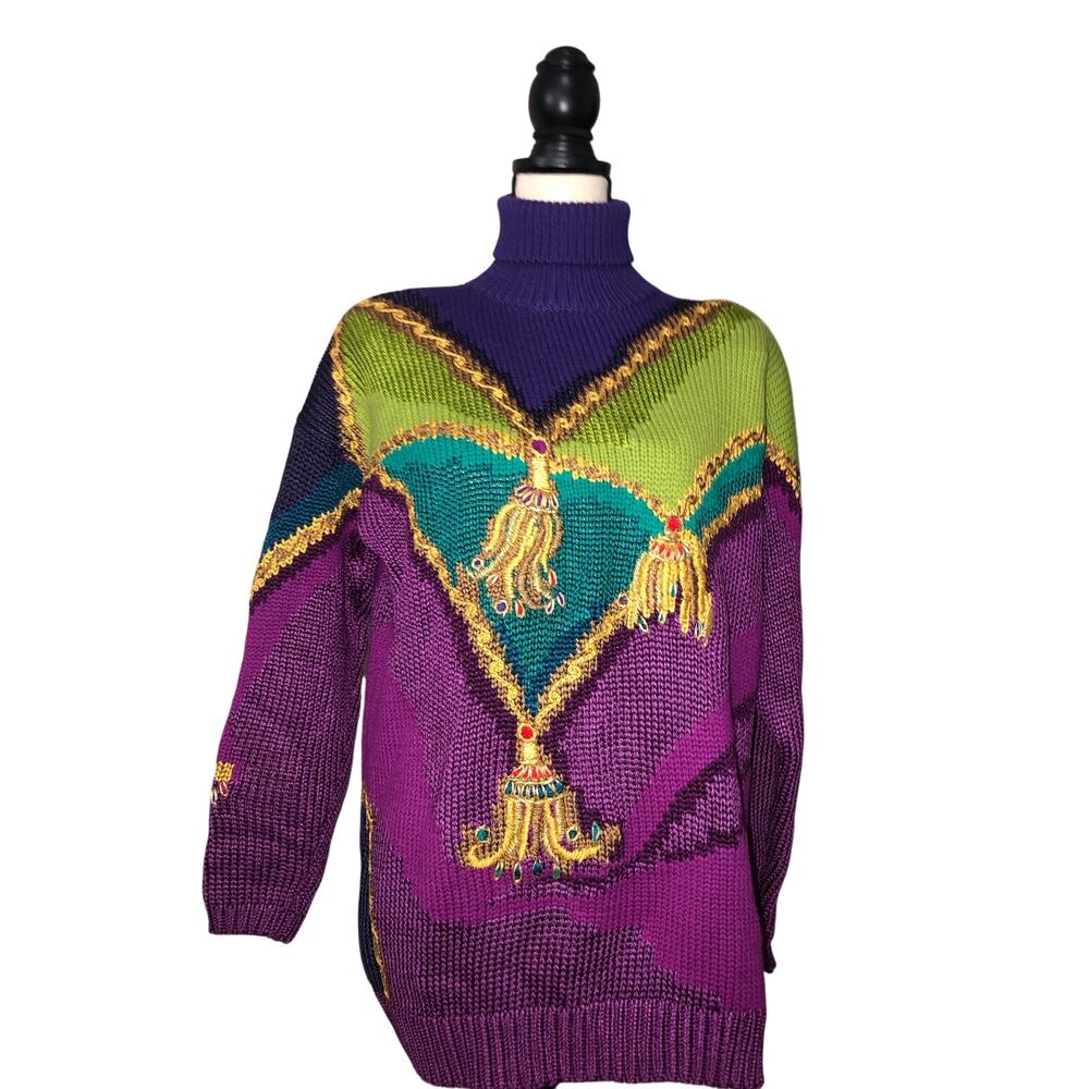 Vintage 80s Chevron Jewel Tone Metallic Gold Tassel Turtleneck Chunky Sweater M